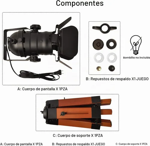 Vista 4 de Decoluce Lámpara de Pie Industrial con Trípode de Mesa Madera Vintage Reflector de Búsqueda de Cine Accesorios de Iluminación de Pie Foco Náutico