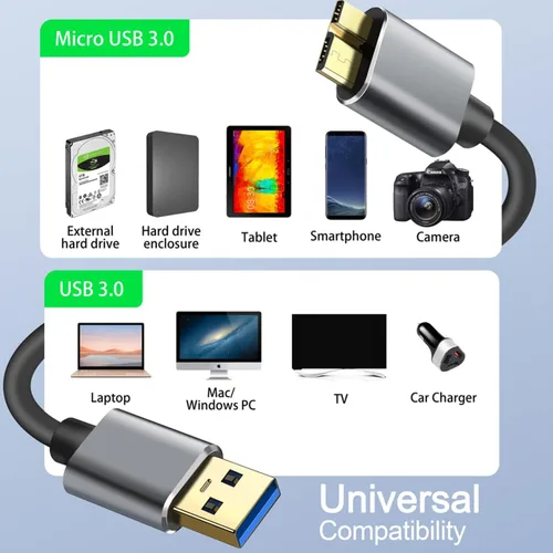 Vista 4 de Cable micro B, USB 3.0 A macho a micro USB 3.0, cable de sincronización compatible con Toshiba, Seagate, Samsung, My Passport y más discos duros