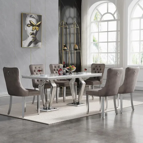 Vista 10 de Juego de 5 mesas de comedor, juego de mesa de cocina y comedor para 4, mesa de comedor rectangular de mármol sintético negro de 70 pulgadas con base