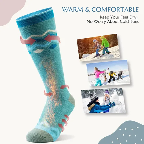 Vista 5 de OutdoorMaster Calcetines de esquí para niños, paquete de 2 pares de calcetines de snowboard para niños y niñas, diseño sobre la pantorrilla con puño