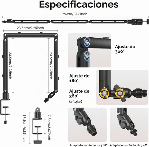 Vista 4 de Brazo de micrófono ajustable para micrófonos ligeros, soporte de escritorio giratorio de 30 pulgadas con gestión de cables y hilos de 3/8 pulgadas
