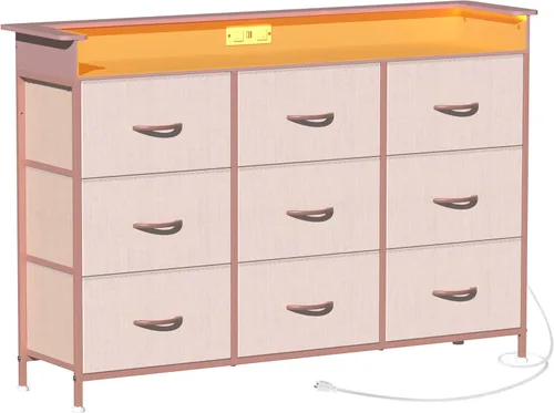 Vista 13 de EXOTICA Cómoda blanca con luz LED para dormitorio, 9 cajones con estación de carga, cómoda para entrada, armario, sala de estar, pasillo, marco