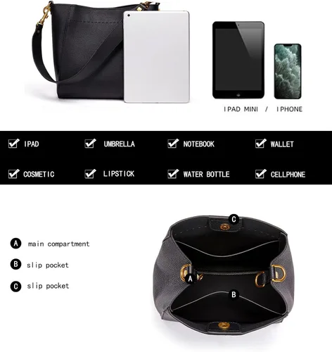 Vista 7 de DORIS&JACKY - Bolso hobo de cuero genuino estilo cubo para mujer, bolso de hombro de diseñador y bolso bandolera con correa ancha desmontable