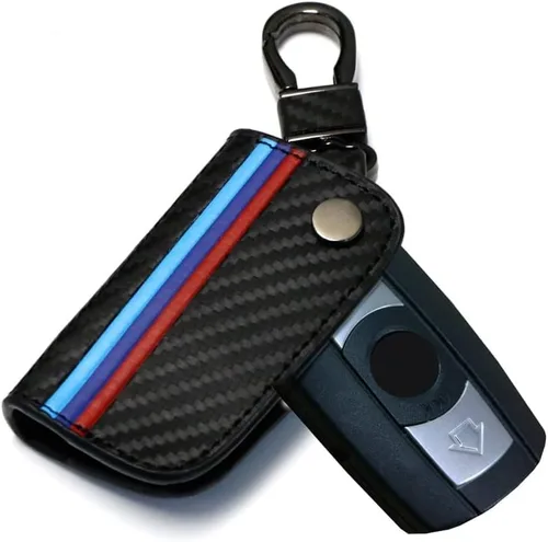 Vista 5 de iJDMTOY Emblemático llavero de cuero con patrón de fibra de carbono negro de 3 colores con llavero compatible con el mando a distancia BMW