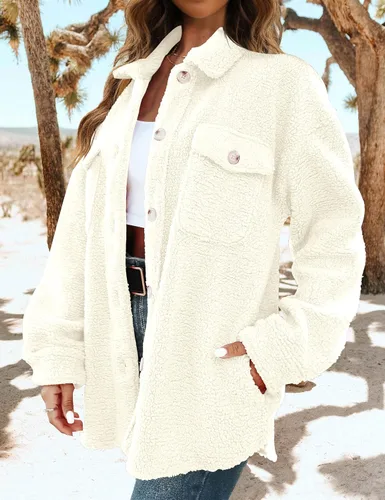 Vista 5 de TECREW Chaqueta de forro polar Sherpa de invierno para mujer, con botones y bolsillos