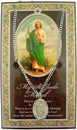 Vista 2 de WJH Medalla de San Judas patrón de peltre con tarjeta sagrada en relieve, 1 pulgada, Peltre