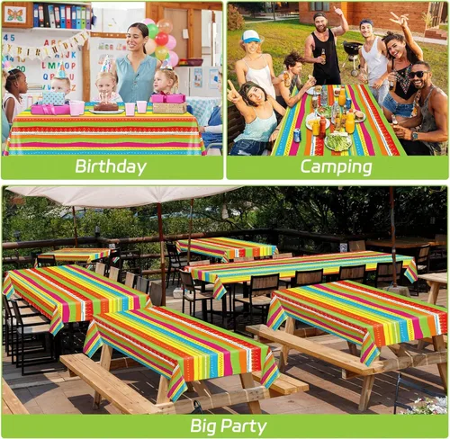 Vista 6 de party greeting Decoración de fiesta mexicana de 1181 x 54 pulgadas, mantel de plástico a rayas mexicanas para fiesta mexicana, suministros de fiesta