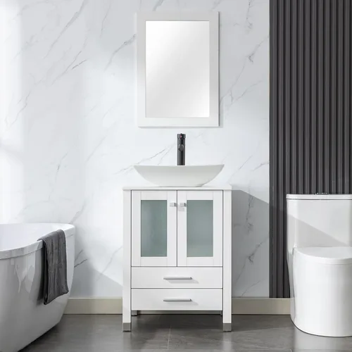 Vista 31 de LUCKWIND Combinación de tocador de baño de 24 pulgadas con lavabo, serie elegante con marco pintado, armario de almacenamiento de baño de dos