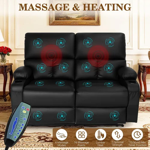 Vista 3 de CHABATREE Sofá reclinable con masaje y calor, asiento de cine en casa, sofá biplaza reclinable manual para caravana con soportes USB/tazas