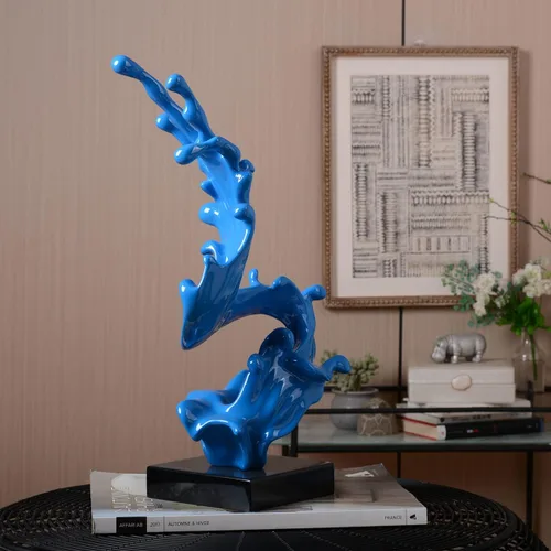 Vista 7 de HAUCOZE - Estatuilla abstracta de olas marinas para decoración del hogar, 16.1 pulgadas Blue Resin Handmade Statue with Black Base Fashion Gift