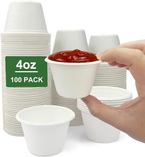 Vista 12 de CAMKYDE Vasos de Soufflé Desechables de Fibra de Bagazo de 2 oz, Paquete de 100, Vasos para Condimentos 100% Naturales Biodegradables Compostables