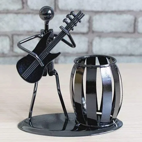 Vista 4 de Armear Portalápices de guitarra, soporte decorativo de metal para bolígrafos de escritorio con diseño de balancín y guitarra, organizador