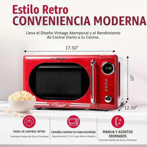 Vista 2 de Nostalgia Horno microondas retro compacto para encimera, 0.7 pies cúbicos, 700 vatios con pantalla digital LED, bloqueo para niños, interior fácil