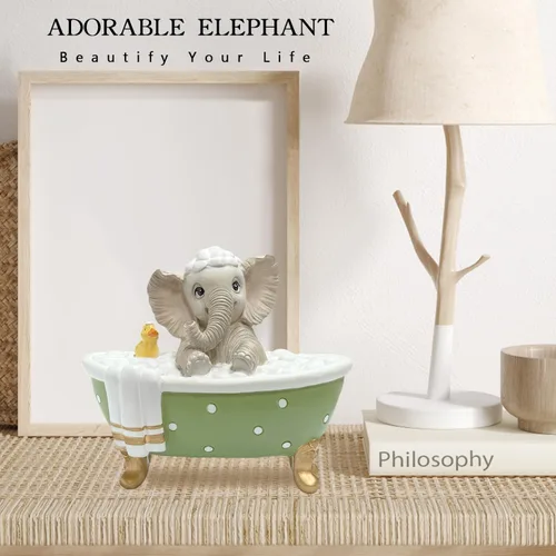 Vista 6 de Figura de elefante para decoración de estatua de jardín, bonito elefante de resina gris con un pato en la bañera de lunares que trae buena suerte