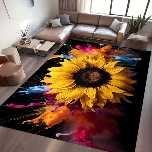 Vista 21 de Alfombra hippie de girasol, 3 x 4 pies, alfombra floral abstracta, alfombra multicolor brillante, antideslizante, fácil de limpiar, para entrada