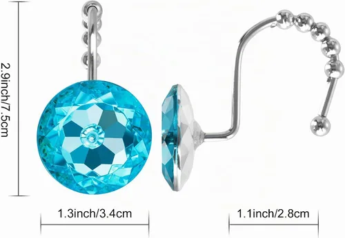 Vista 2 de Sunlit Diseño de Lujo Redondo Aqua Azul Diamante Cristal Gema Bling con Bolas Deslizantes Ganchos para Cortina de Ducha, Anillos para Cortina