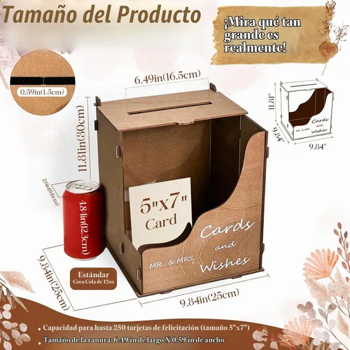 Vista 3 de OurWarm Caja de tarjetas de boda de madera con canal de flores onduladas, cajas de tarjetas de boda rústicas de color marrón para recepción