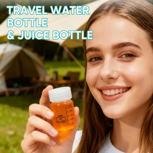 Vista 4 de DEMORA Botellas de plástico con tapas herméticas de 1 oz/30 ml, recipientes de líquidos de boca ancha de grado alimenticio, botellas de medición
