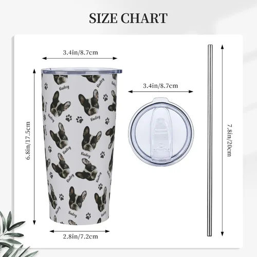 Vista 4 de Vaso personalizado de acero inoxidable para fotos de mascotas con cara de perro, 20 onzas con tapa y popote para viajes, regalo para amantes