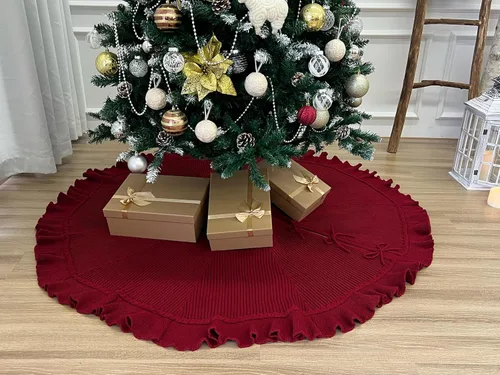 Vista 6 de Suéter de 36 pulgadas con volantes, falda de árbol de Navidad de punto con lazos de encaje, color burdeos