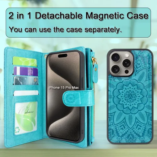 Vista 2 de Harryshell Funda tipo cartera compatible con iPhone 15 Pro Max de 6.7 pulgadas 5G 2023, funda extraíble desmontable para teléfono, bolsillo