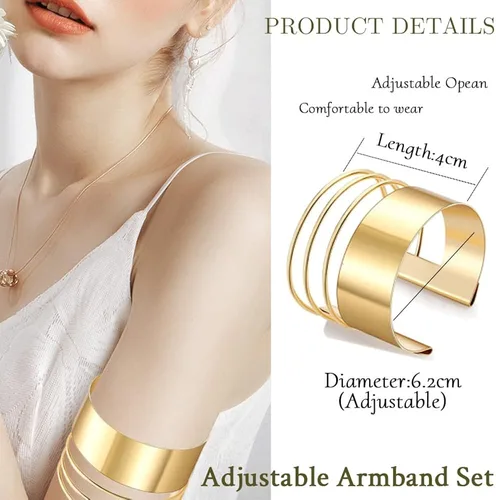 Vista 2 de SAMOCO 7 piezas de brazalete para mujer, brazalete de oro abierto, ancho ancho, brazalete ajustable, brazalete de muñeca, Sin gema