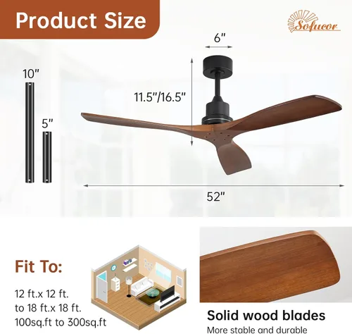 Vista 7 de Sofucor - Ventilador de techo de 52 pulgadas sin luces, moderno, de madera maciza, con control remoto, 5000 CFM de alto flujo de aire, motor CC