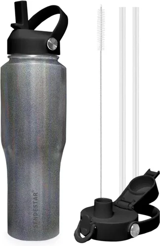 Vista 6 de SENDESTAR - Botella de agua de 0,9 L, 2 tapas (tapa con pajita), boca ancha de acero inoxidable aislada al vacío, doble pared, mantiene los líquidos