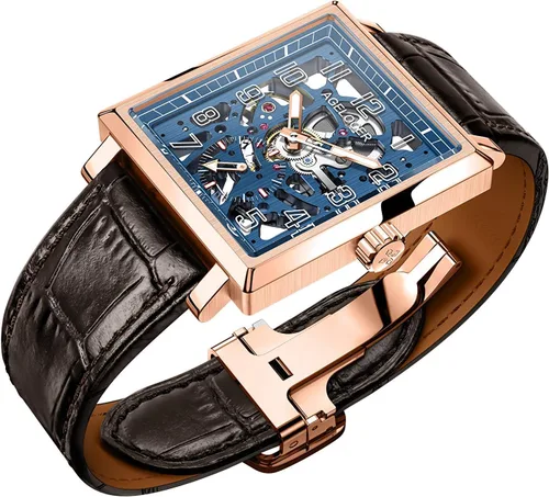 Vista 4 de AGELOCER Reloj de doble cara de acero negro hueco para hombre con esfera luminosa analógica de segundos cuadrados, WH: 3504D2