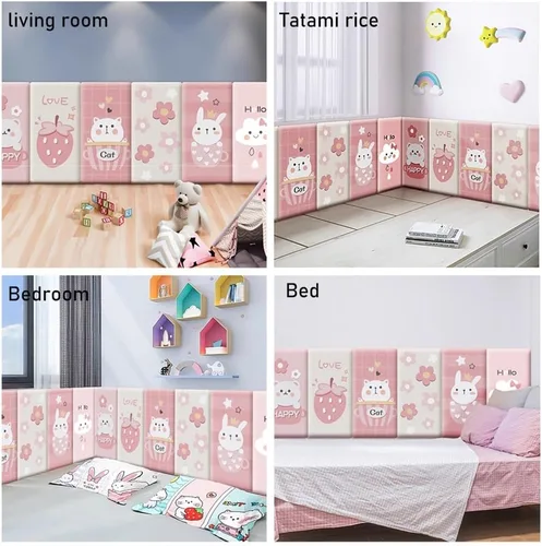 Vista 7 de Paneles de pared 3D autoadhesivos para cabecero de 70.86 pulgadas, diseño de dibujos animados suave anticolisión, acolchado decorativo de pared