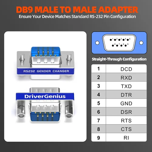 Vista 3 de DriverGenius RD232M2M DB9 Serial RS232 COM Cambiador de género para adaptador de cable USB a serie RS232 (macho/macho)