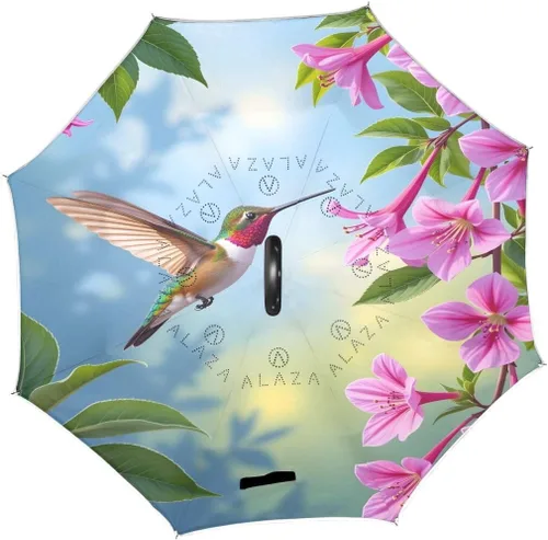 Vista 2 de ALAZA - Paraguas invertido de colibrí pequeño de doble capa, resistente al agua, resistente al viento, con mango en forma de C para automóvil