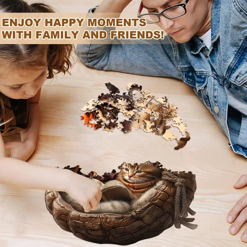 Vista 7 de Rompecabezas de madera para adultos, rompecabezas de madera de gato acogedor de otoño, rompecabezas planos con efecto visual 3D, rompecabezas únicos