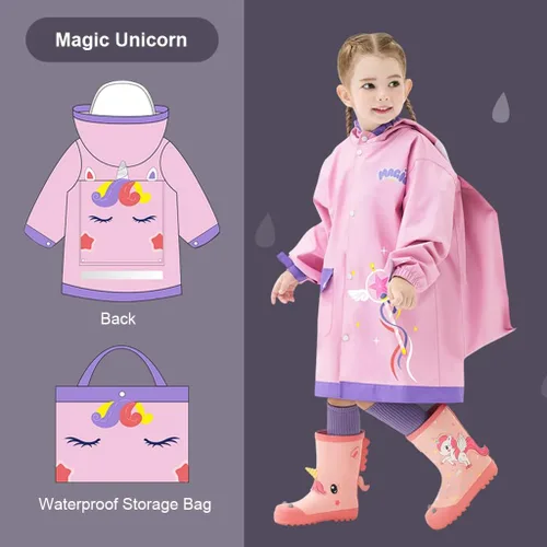 Vista 6 de Chubasquero para niños y niñas, poncho de lluvia con capucha, impermeable, impermeable, reutilizable, para lluvia de 4 a 18 años