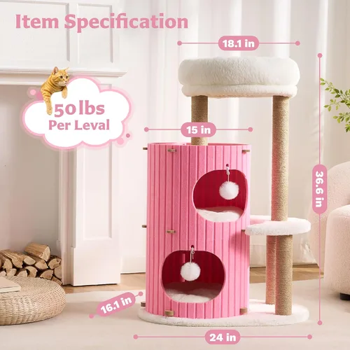 Vista 5 de Árbol Moderno para Gatos de Interior Grande para Adultos, Torre de Árbol para Gatos de 36 Pulgadas de Altura con Postes Rascadores, Cálido Refugio