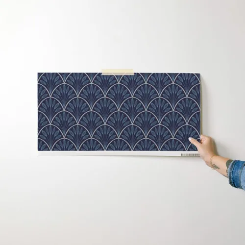 Vista 7 de Spoonflower Art Deco Leaves Pre-Pasted Removable Wallpaper Sample 12" x 24" 1920 1930S Flappers Vintage Blue Navy Water-activated, simple to
