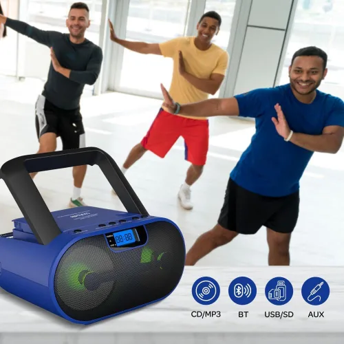 Vista 6 de Riptunes Reproductor de CD portátil Boombox AM FM Radio, Bluetooth, USB, entrada auxiliar, MP3 CD sonido estéreo con refuerzo de graves, luces