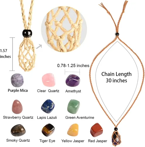 Vista 2 de Collar ajustable de cuerda tejida a mano de piedra cruda de cristal natural sin procesar para hombres y mujeres