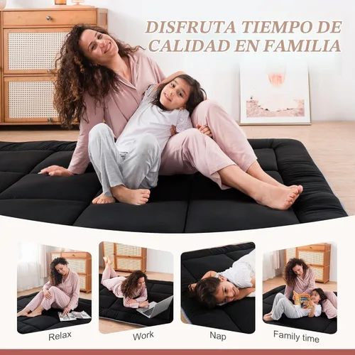 Vista 3 de WhatsBedding Colchón japonés para el suelo, colchón futón de 3 pulgadas, tapete de tatami negro, relleno de espuma viscoelástica triturada, plegable