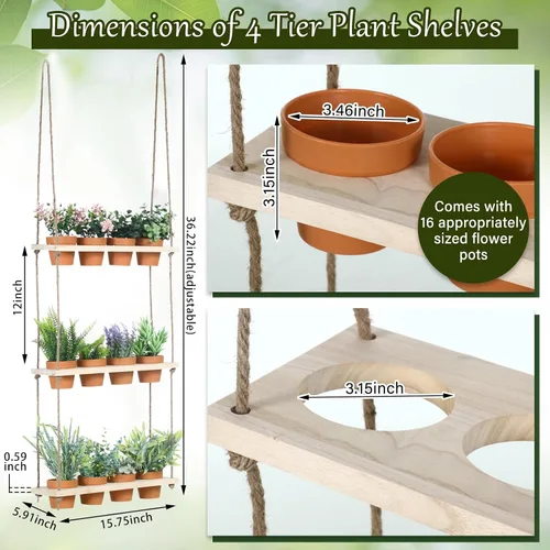 Vista 2 de FillTouch Macetas colgantes de hierbas de 3 niveles para colgar en la pared de jardín de hierbas con 12 piezas de maceta vertical de madera