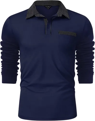 Vista 3 de EliteSpirit Polo de manga larga para hombre casual cuello de lunares con bolsillos color azul marino talla XL Azul marino