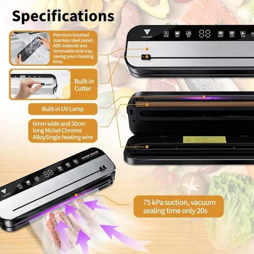 Vista 4 de Máquina selladora al vacío de alimentos CALOOP con 20 bolsas de sellado, potente ahorrador de alimentos de 80 Kpa para almacenamiento en la cocina