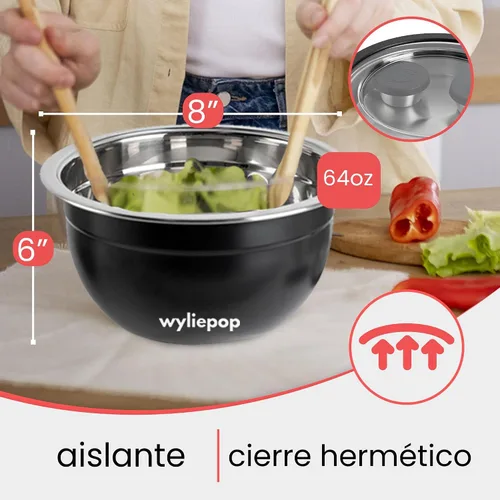 Vista 5 de Kit de Ensaladera de Acero Inoxidable de 64 oz y Juego de Cubiertos de Bambú de 3 Piezas con 2 Recipientes para Condimentos, Bandeja Insertable