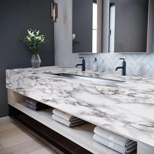 Vista 4 de Caltero Papel tapiz de mármol para despegar y pegar, papel de contacto de mármol brillante de 24 x 197 pulgadas para encimera, gabinetes de cocina