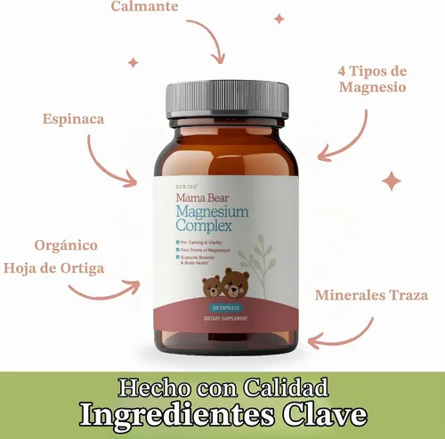 Vista 2 de Suplemento de complejo de magnesio Mama Bear, 120 cápsulas 4 formas: glicinato, citrato, L-treonato y elemental, además de ortigas y espinacas