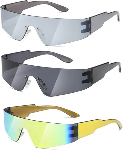 Vista 11 de MASDUN Gafas de sol envolventes futuristas sin montura para mujeres y hombres, Cyberpunk Visera, lentes de sol a la moda