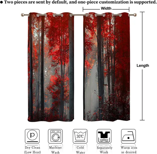 Vista 7 de Renaiss Cortinas opacas de bosque rojo, diseño de bosque negro brumoso, hojas rojas, cortinas de dormitorio de naturaleza misteriosa para cocina, 45