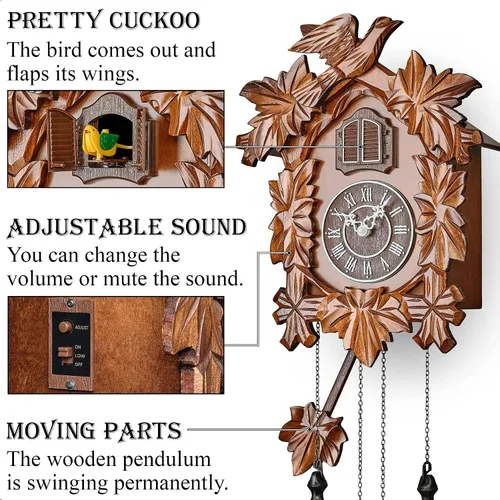 Vista 3 de Reloj de cuco con modo nocturno, decoraciones talladas a mano y péndulo oscilante (marrón)
