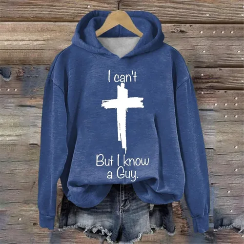Vista 4 de Sudaderas con capucha para mujer, moda de otoño 2023, "I Can't But I Know A Guy, cuello redondo, sin botones, casual 2023, trajes de moda
