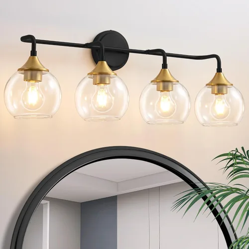 Vista 17 de Lámpara de Tocador de Baño Dorada con Pantalla de Vidrio Transparente, Base E26, Luminarias de Baño de 2 Luces Sobre Espejo, Luces de Tocador de 14